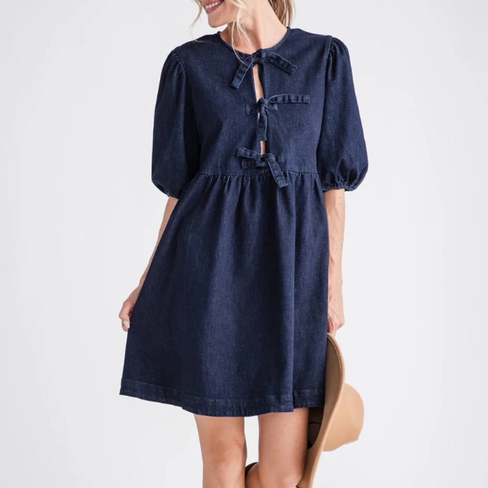 Aaron & Amber Babydoll Ribbon Tie Denim, baloon sleeves Mini Dress